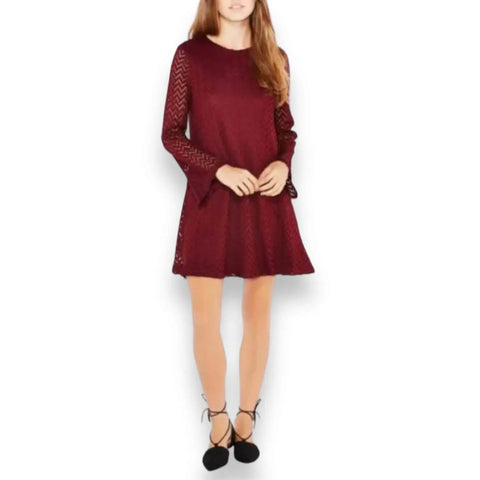 Dark Red Chevron Bell Sleeve Mini Dress with semi-sheer long bell sleeves, chevron lace overlay, A-line mini length, and back keyhole button