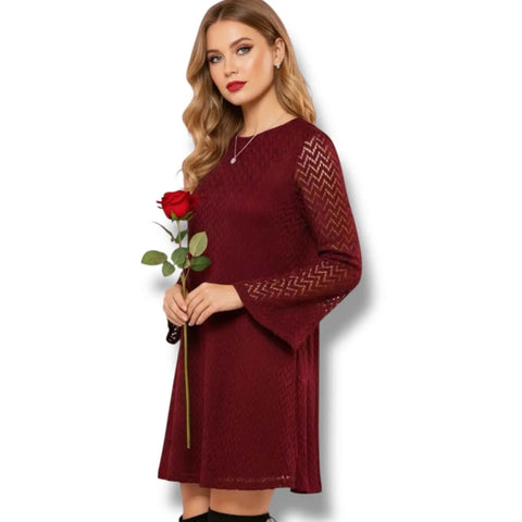 Dark Red Chevron Bell Sleeve Mini Dress with semi-sheer long bell sleeves, chevron lace overlay, A-line mini length, and back keyhole button