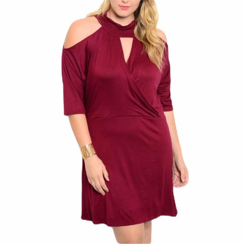 Dark Red High Collar Open Shoulder Dress