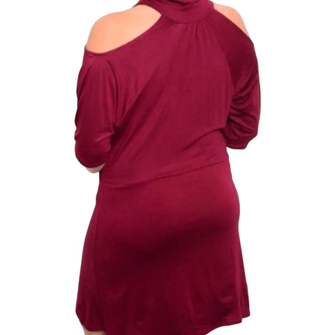 Dark Red High Collar Open Shoulder Dress