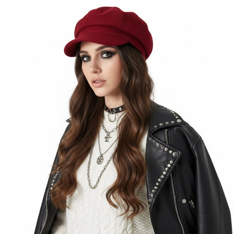 dark red model wearing Women’s Solid Color Newsboy Hat with 8-panel crown and curved brim / one size
