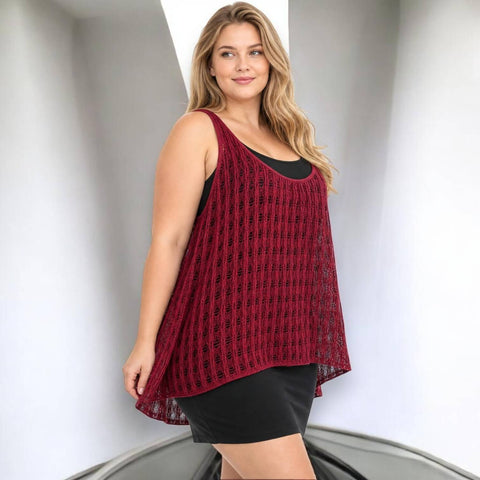 Women wearing Dark Red Round Neck Razor Back Diamond Mesh Overlay Tank Top - Plus Size 2XL 