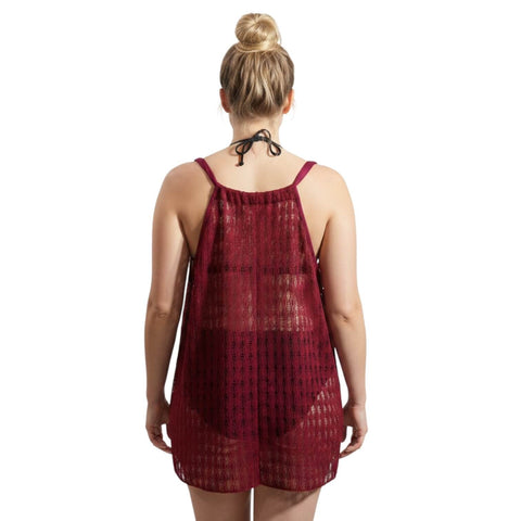 woman back view as cover up Dark Red Round Neck Razor Back Diamond Mesh Overlay Tank Top - Plus Size 2XL 
