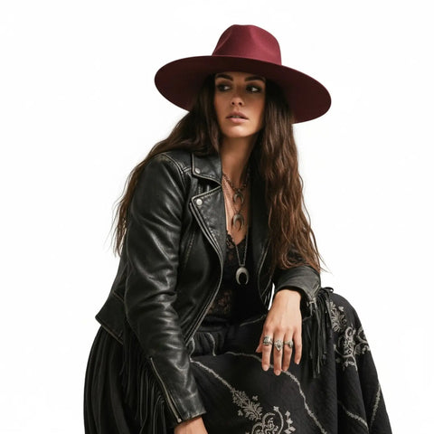 wide brim felt fedora hat with tall teardrop pinched crown and structured 3.5-inch brim