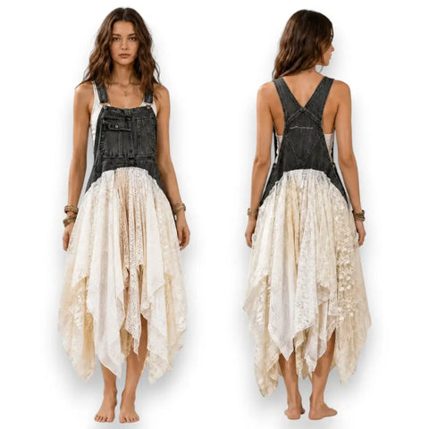 woman wearing Denim & Lace Asymmetric Midi Dress with black overall bodice, adjustable straps, white lace large to plus size design