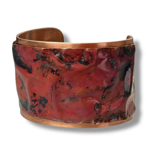Desert Embers Red Fire Torched Shingle Copper Cuff with riveted recycled shingle and hammered raw copper