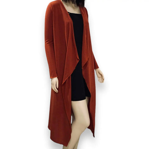 Rustic brown draped open front long sleeve cardigan with waterfall panels and asymmetric longline duster hem in soft stretch jersey knit, women’s size small