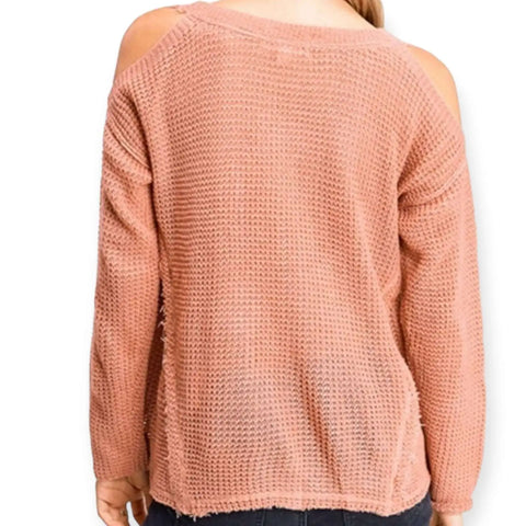 Dusty Orange Open Shoulder Sweater lightweight waffle knit texture and raw edge casual streetwear style