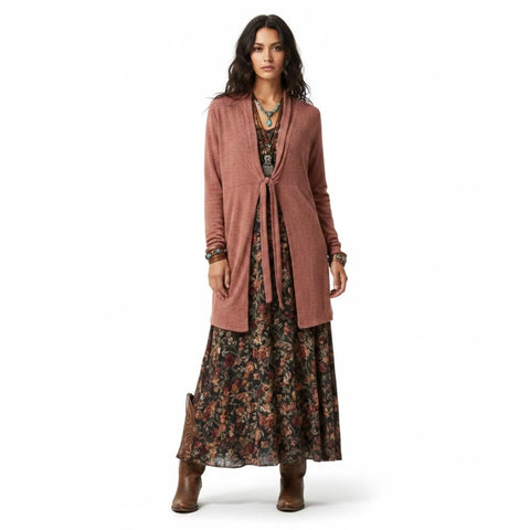 Melange Fleece Tie Front Cardigan mid length dusty rose side pockets large