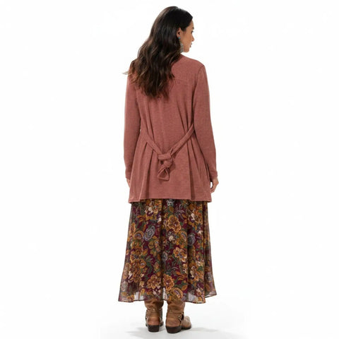 Melange Fleece Tie Front Cardigan mid length dusty rose side pockets large