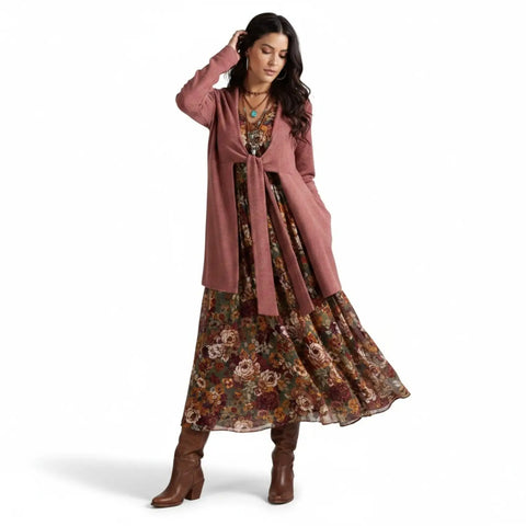 Melange Fleece Tie Front Cardigan mid length dusty rose side pockets large