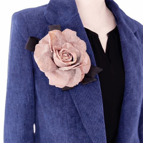 Oversized Floral Pastel Rose Brooch dusty rose hair clip with hand-dyed fabric petals and black grosgrain ribbon, dual lapel pin and alligator clip, 5 by 6 inches, USA made