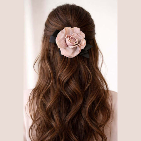 Oversized Floral Pastel Rose Brooch dusty rose hair clip with hand-dyed fabric petals and black grosgrain ribbon, dual lapel pin and alligator clip, 5 by 6 inches, USA made