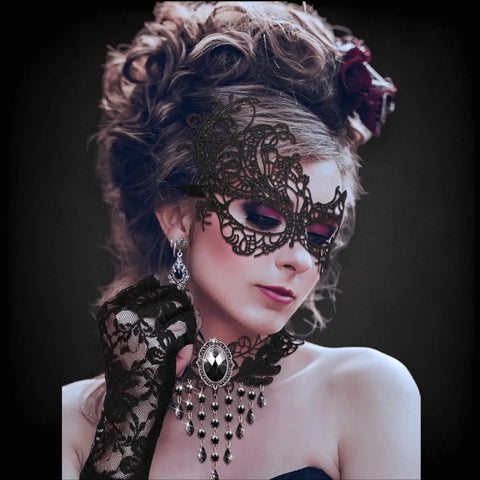 Elegant black lace masquerade eye masks with decorative floral cutwork and ribbon ties / Queen