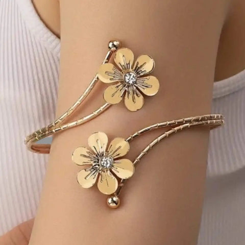Elegant Boho Adjustable Arm Cuffs gold floral open armband bracelet for whimsigoth attire.