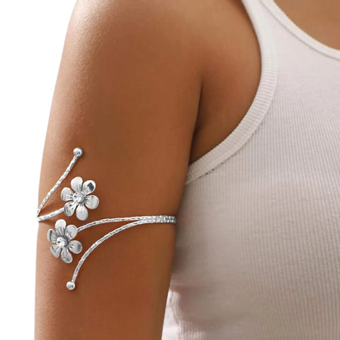 Elegant Boho Adjustable Arm Cuffs silver floral open armband bracelet for whimsigoth attire.