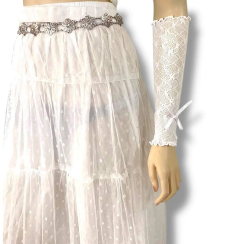 Elegant Long Lace Arm Cover Gloves in white with diamond lace texture, floral accents, and ruffled ribbon trim, 15" length, one size