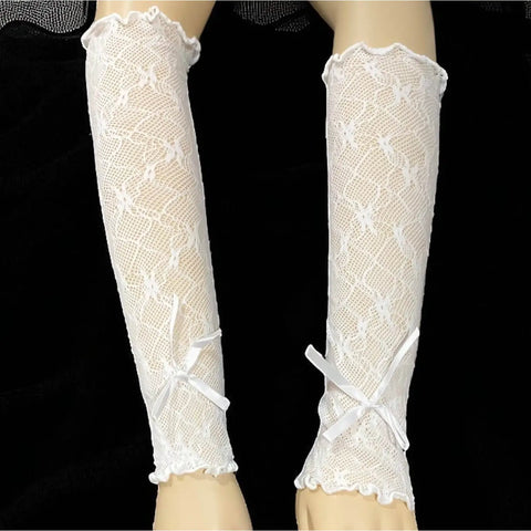 Elegant Long Lace Arm Cover Gloves in white with diamond lace texture, floral accents, and ruffled ribbon trim, 15" length, one size