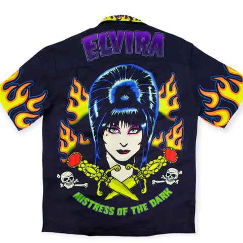 Officially licensed Elvira tattoo button up shirt with Vince Ray artwork, multicolor all-over sublimation print, skulls flames daggers, short sleeves XXL