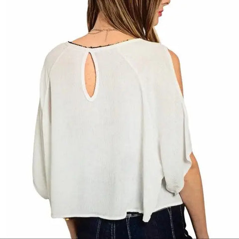 Embroidered Open-Shoulder Poncho Blouse - White black tribal embroidery and pom-pom neckline, lightweight rayon boho western festival top