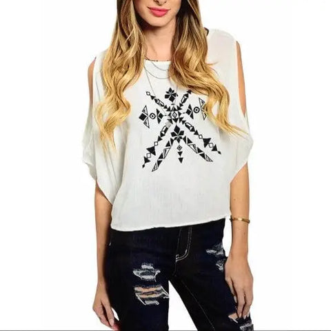 Embroidered Open-Shoulder Poncho Blouse - White black tribal embroidery and pom-pom neckline, lightweight rayon boho western festival top