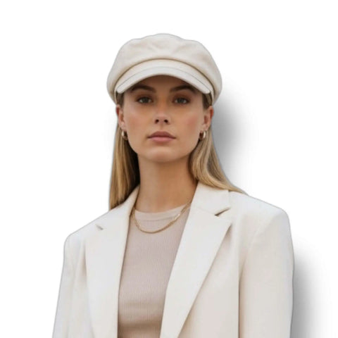 Faux Leather Retro Newsboy Cap stone beige Newsboy Cap on model in minimalist style