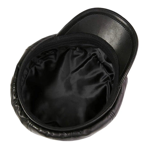Faux Leather Retro Newsboy Cap black upside down inside view of floppy button top and curved brim hat