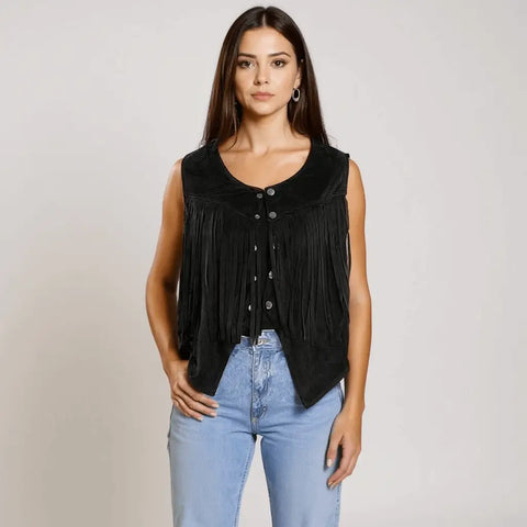 Faux suede cropped fringe vest with silver snap-front closure and tassel trim in black or brown, lightweight sleeveless western festival layering vest