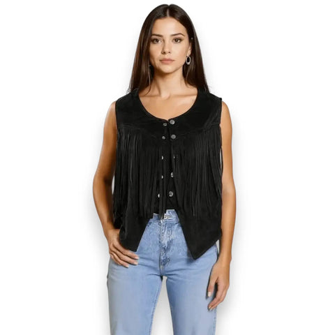 woman wearing faux suede cropped fringe snap closure vest boho western/ black