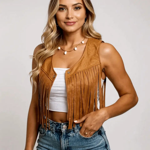 Faux suede cropped fringe vest with silver snap-front closure and tassel trim in black or brown, lightweight sleeveless western festival layering vest