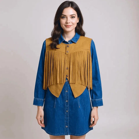 Faux suede cropped fringe vest with silver snap-front closure and tassel trim in black or brown, lightweight sleeveless western festival layering vest