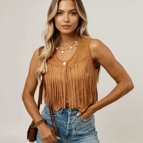 Faux suede cropped fringe vest with silver snap-front closure and tassel trim in black or brown, lightweight sleeveless western festival layering vest