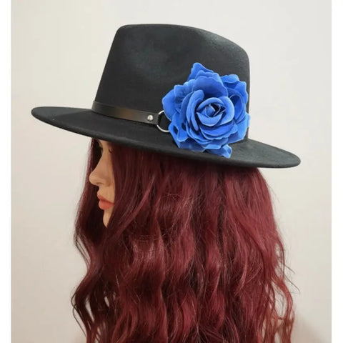 Festival blooming floral rose hair clips with 3D velour rose flower and dual hair clip plus brooch pin in multiple colors, silver hardware, USA made cerulean blue