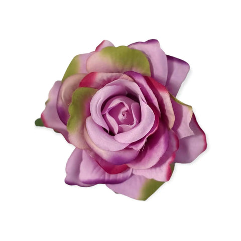 Festival blooming floral rose hair clips with 3D velour rose flower and dual hair clip plus brooch pin in multiple colors, silver hardware, USA made burnished lilac