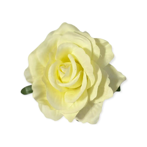 Festival blooming floral rose hair clips with 3D velour rose flower and dual hair clip plus brooch pin in multiple colors, silver hardware, USA made acacia yellow