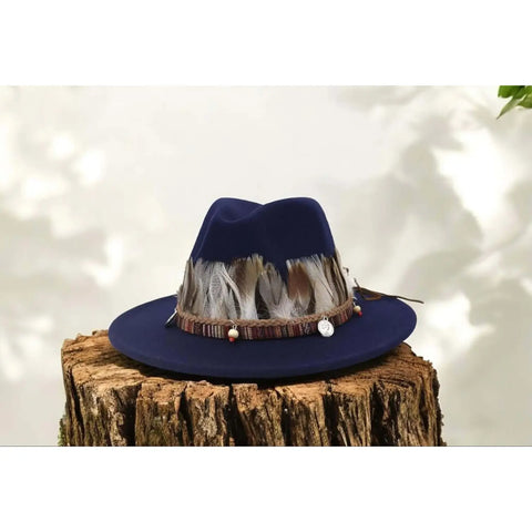Festival Feather Fedora Hat with Tribal Beaded Band and Feathers in Gray or Navy Blue – Large XL Boho Western Style