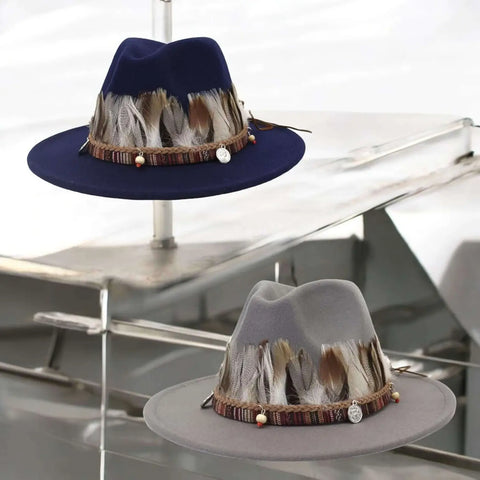 Festival Feather Fedora Hat with Tribal Beaded Band and Feathers in Gray or Navy Blue – Large XL Boho Western Style
