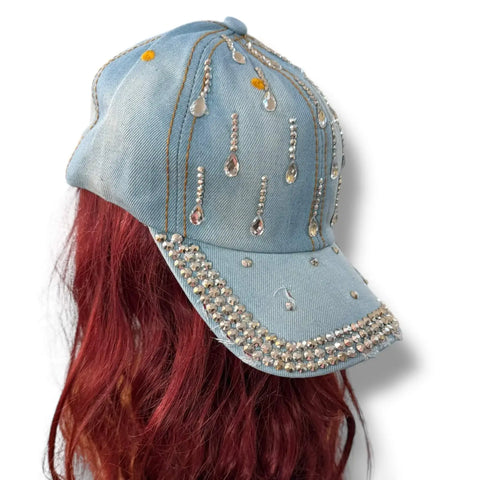 Festival Rhinestone Western Baseball Cap denim breathable stiff brim great style for year round y2k mcbling, cowgirl style in dark denim or white washed waterfall brim studded adjustable size