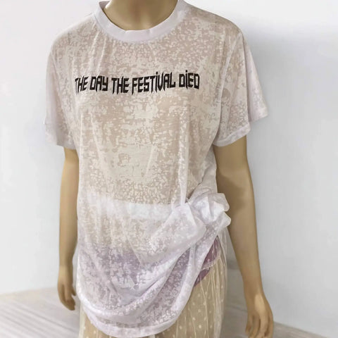 Festival White Burnout Graphic Tee Model wearing white burnout relaxed fit t-shirt