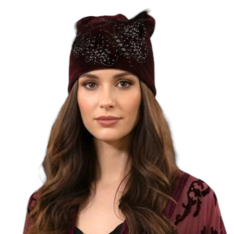 Fitted Velvet Winter Beanie Hat  gun metal gray beaded butterfly design with rhinestones accented fitted style in rich dark burgundy red 
