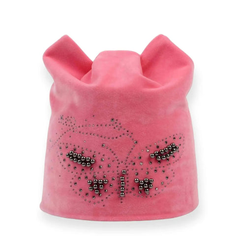 Fitted Velvet Winter Beanie Hat with beaded butterfly and rhinestones cat ear crown fitted skull cap shocking pink color os 