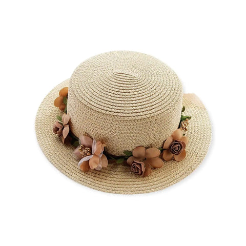 Floral Crown Summer Straw Hat featuring a round crown and decorative floral lace band for a chic summer look.