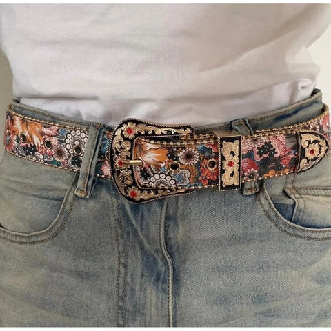 Floral Gold Oversized Buckle Western Belt in beige or blue with beaded trim, engraved buckle, and crystal keeper