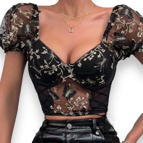 Floral lace mesh bustier corset top with gold butterfly embroidery sweetheart neckline and puffy short sleeves crop top fitted size xl