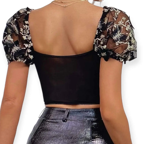 Floral lace mesh bustier corset top with gold butterfly embroidery sweetheart neckline and puffy short sleeves crop top fitted size xl