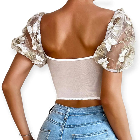 Floral lace mesh bustier corset top with gold butterfly embroidery sweetheart neckline and puffy short sleeves crop top fitted size xl