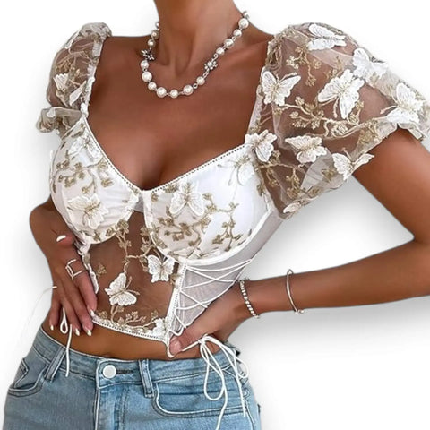 Floral lace mesh bustier corset top with gold butterfly embroidery sweetheart neckline and puffy short sleeves crop top fitted size xl