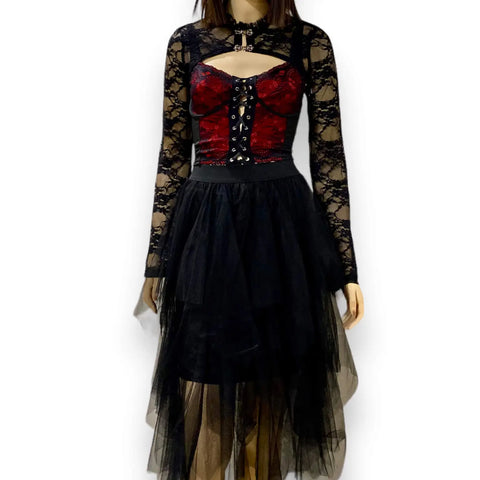 worn with outfit Floral Lace Up Bustier Corset Top - Black/Red / Medium / Female - Women’s Tank Tops