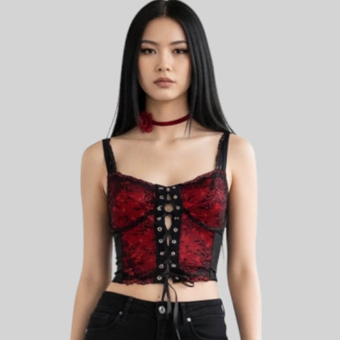 woman wearing Floral Lace Up Bustier Corset Top - Black/Red / Medium / Female - Women’s Tank Tops