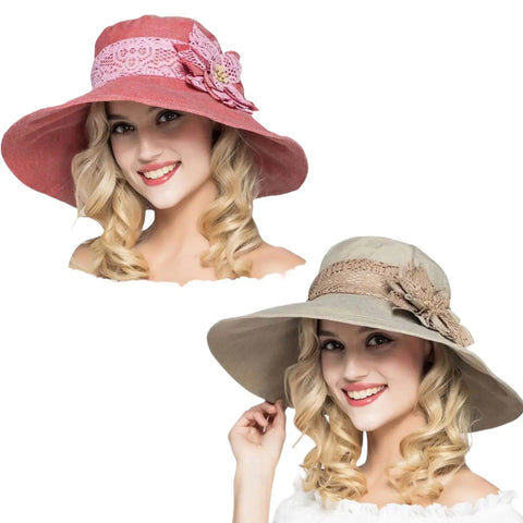 Floral Lace Wide Brim Summer Sun Hat - in Tan or Pink at Wild Time Fashion